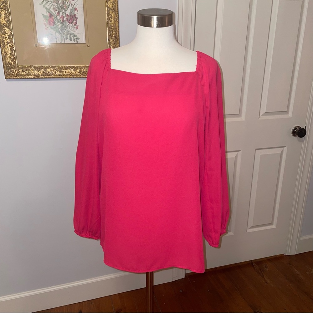 Gibson Womens Puff Sleeve Blouse Square Neck Top Pink Red